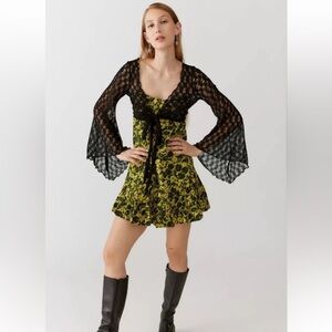 URBAN OUTFITTERS Camille Black and Yellow Ruffle Mini Dress EUC SZ Medium